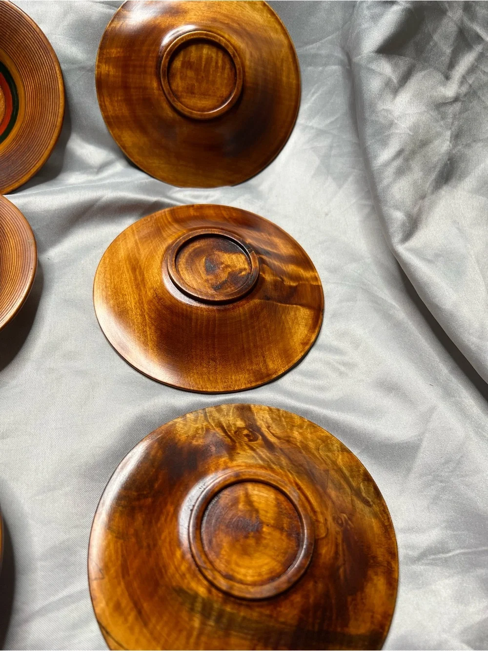 Japanese Hand-Turned Wooden Plates in Brown with Green & Red Inlay - Set of 9